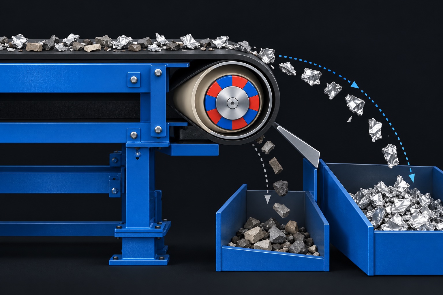 Conceptual cutaway showing a magnetic rotor inside the head drum and two discharge paths.